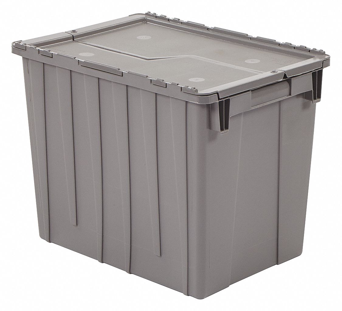 J0286 Attached Lid Container Gray Solid HDPE
