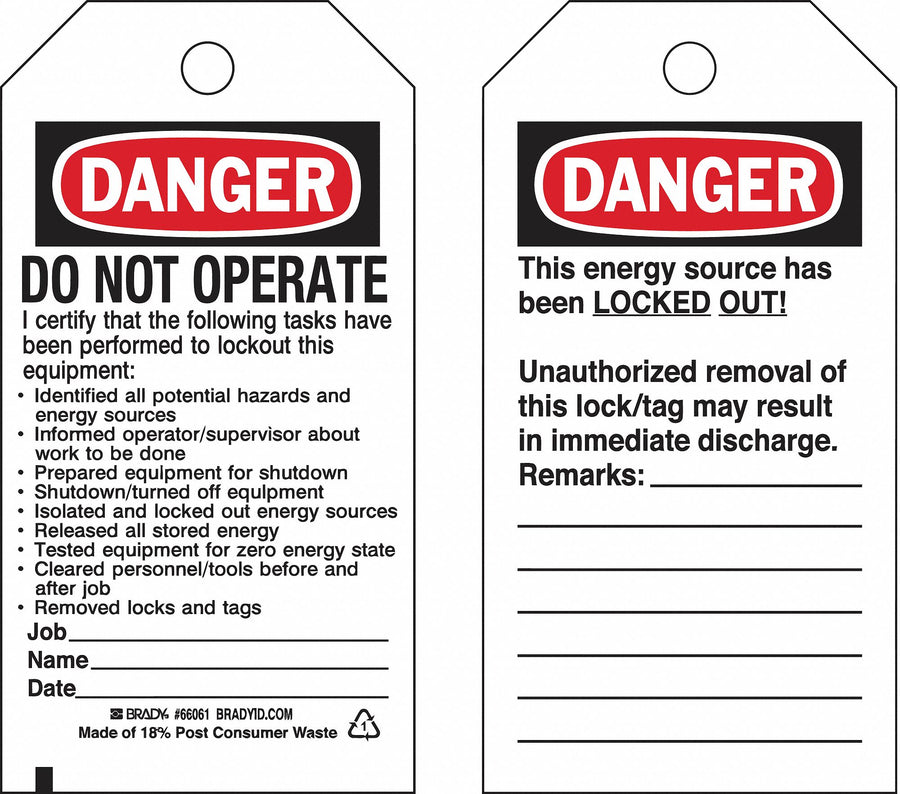 Lockout Tag 5-3/4 H 3 W Paper PK25