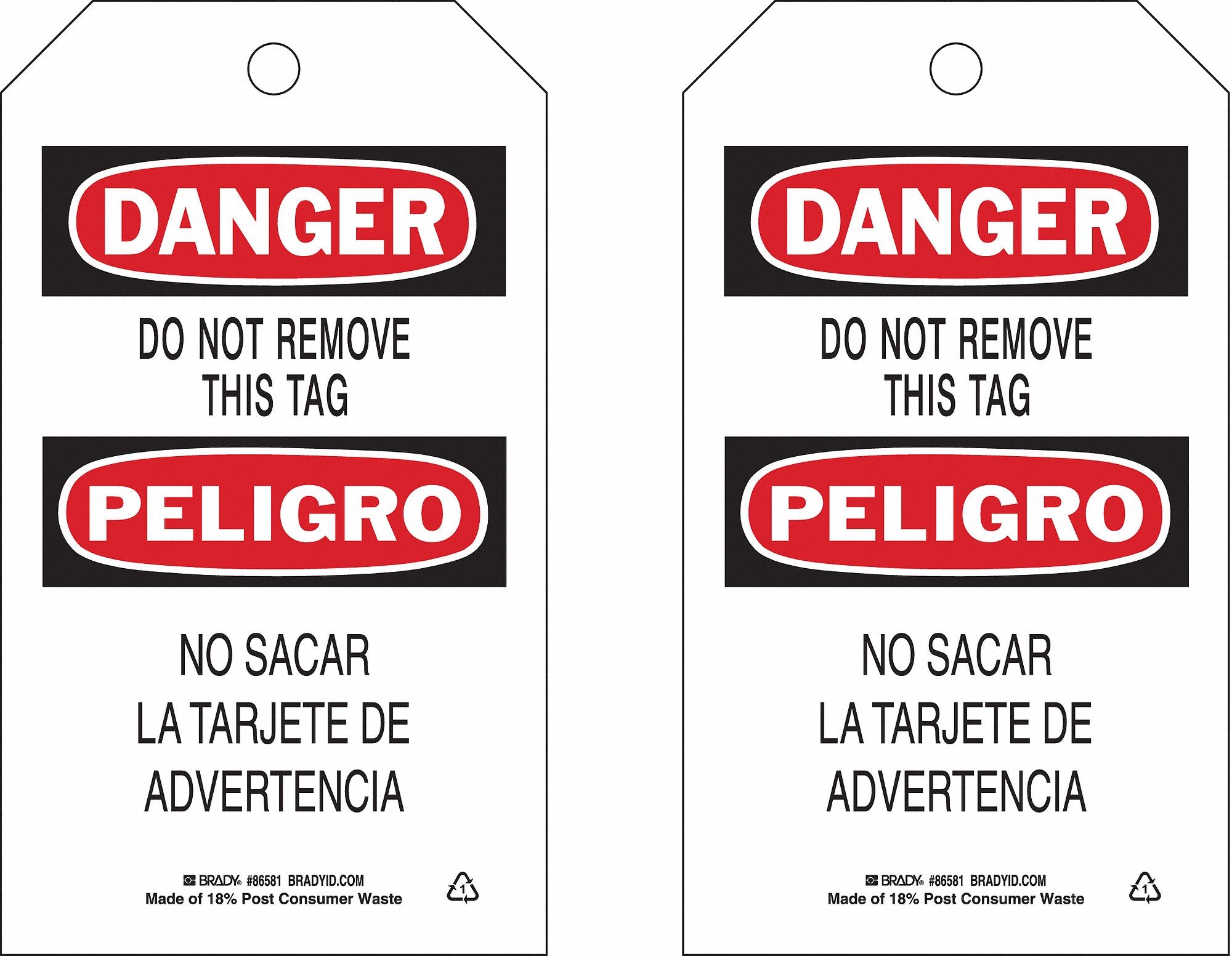 Danger Bilingual Tag 7in H 4in W PK10